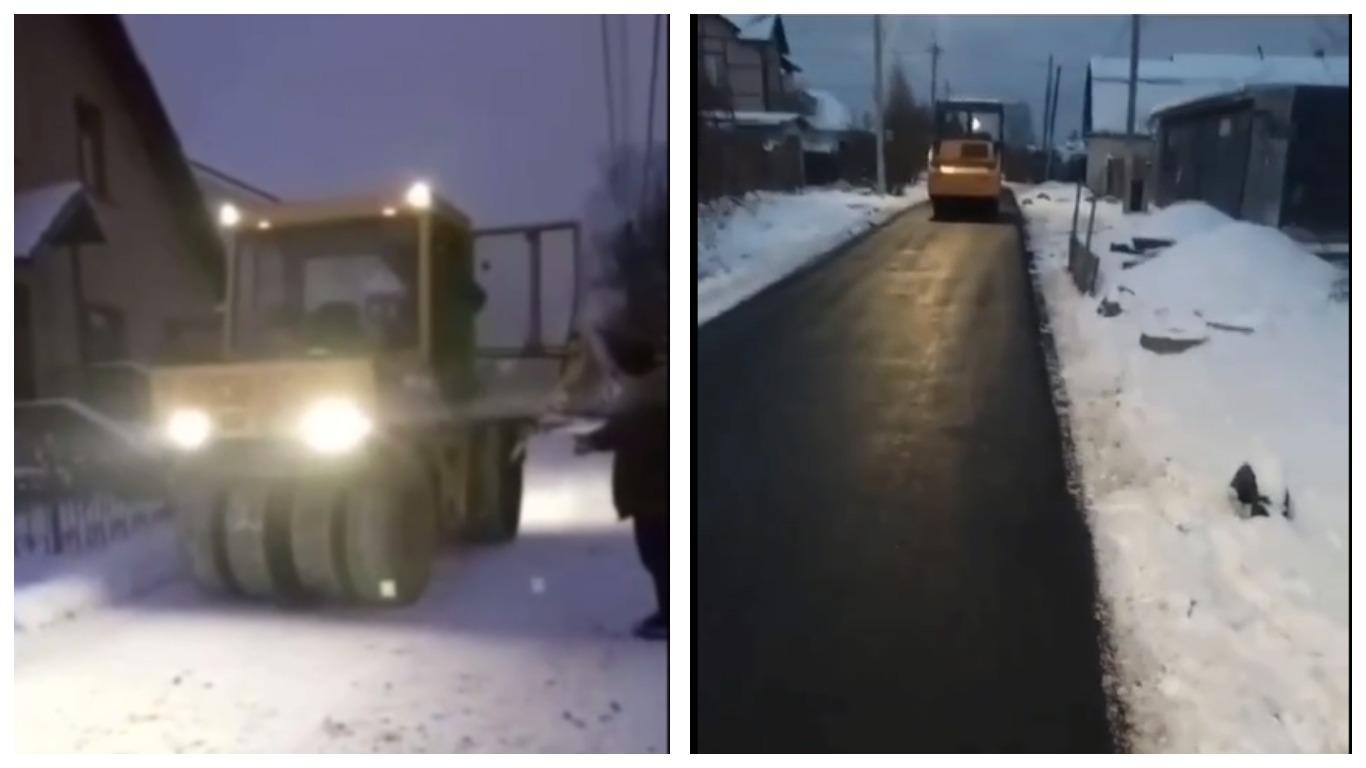 Асфальт поверх снега кладут второй день в Нижегородской области